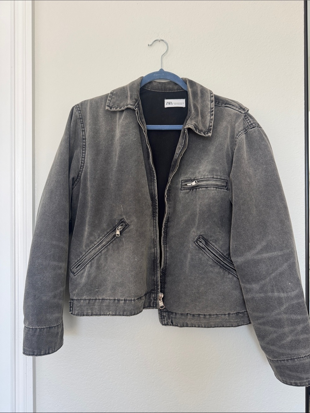 Zara Faded Black Cropped Denim bomber Jacket